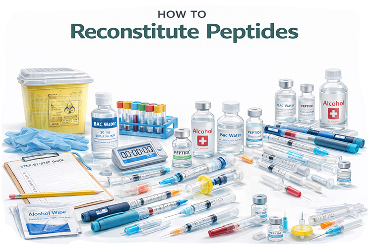 Peptide reconstitution supplies including syringe, filter, and bacteriostatic water