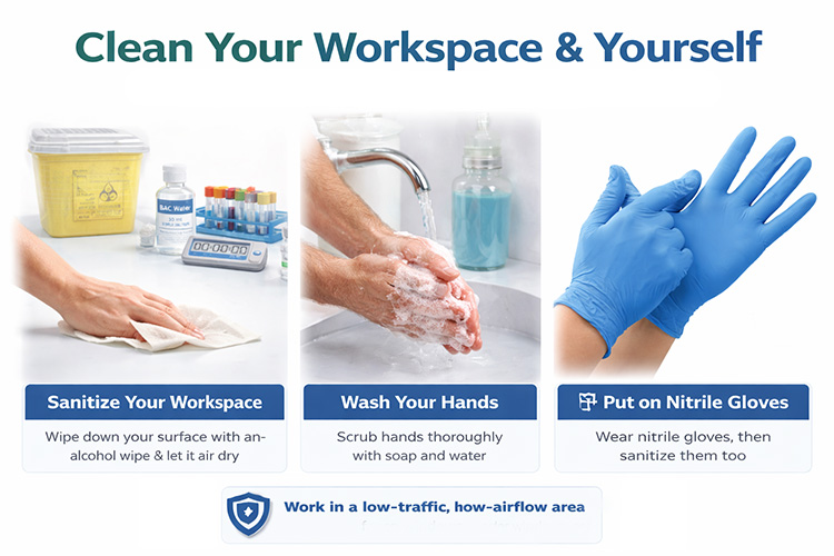 Cleaned workspace with gloves and alcohol wipes laid out