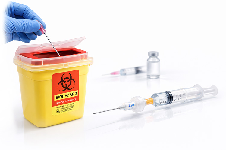 Long needle being discarded into sharps container with filter assembly ready