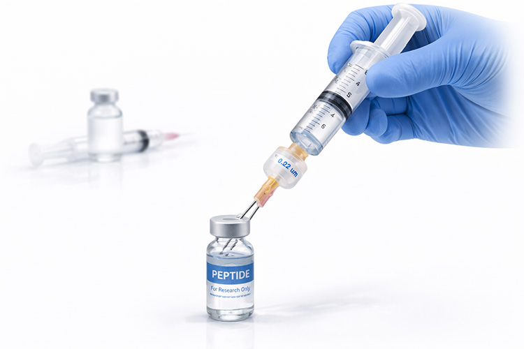 Vent needle inserted into sterile vial alongside filter assembly needle