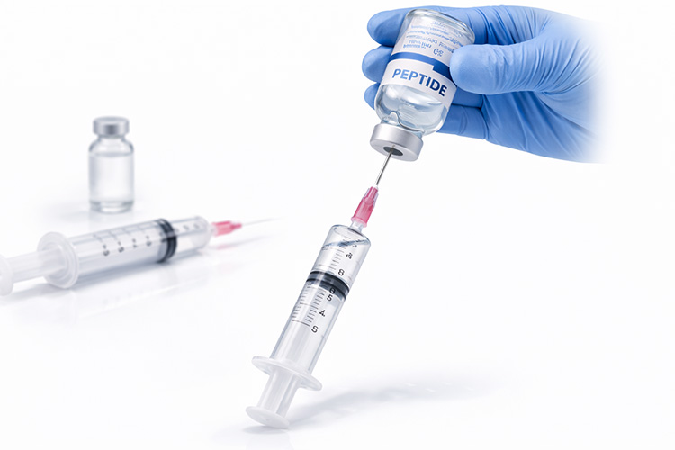 Peptide vial inverted with syringe drawing solution out