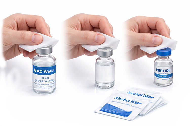 Alcohol wipe being swiped across rubber septum of vial