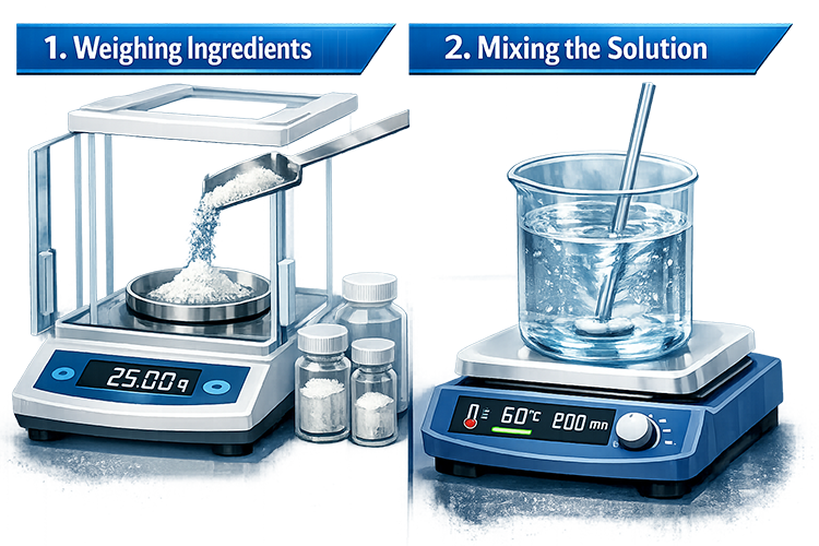 Analytical balance weighing active compound powder with CoA document