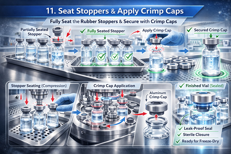 Hand crimper applying aluminum crimp cap to finished sealed vial