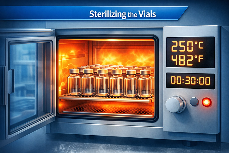 Dry heat oven depyrogenation at 250°C with glass vials