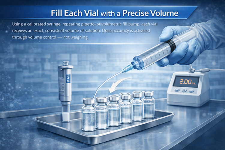 Repeating syringe filling row of vials under laminar flow hood