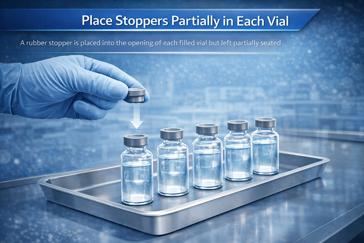 Vial cross-section showing partially seated stopper with vapor gap