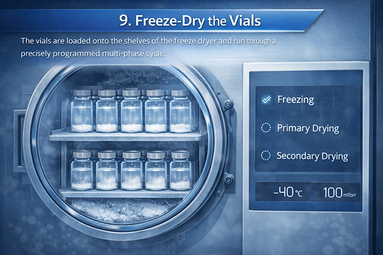 Freeze dryer with phase and temperature timeline: freeze, primary dry, secondary dry